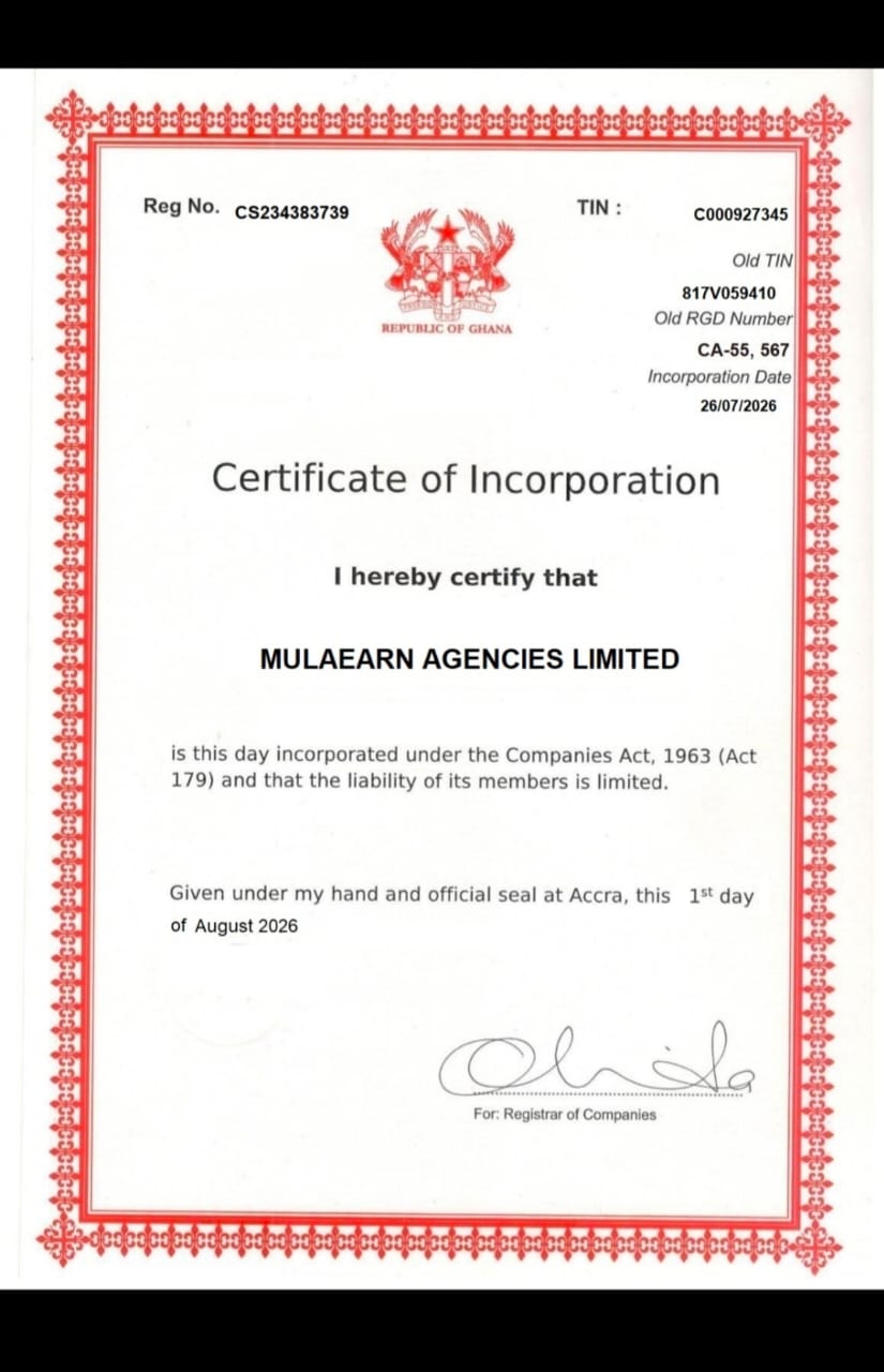MulaEarn Agencies Ghana Certificate of Incorporation